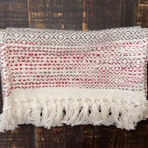 Woven Fringe Table Runner in Gray and Red /  Pink
